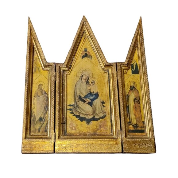 1940's Florentine Gilt Religious Tryptic - Madonna & Child - Picture 2 of 13